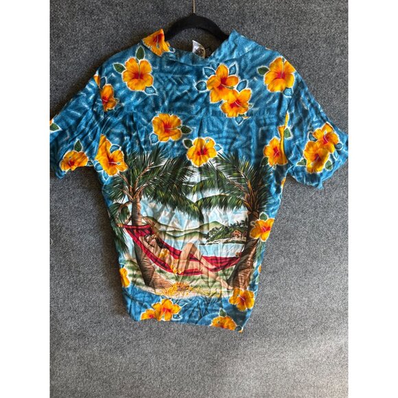 Vintage Hawaiian Print Shirt With Tropical Beach Scene & Palm Trees Button-Up Sh - Picture 1 of 12
